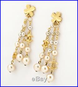 CHANEL Clover Pearl Drop Dangle Earrings Gold tone 03P withBOX v668