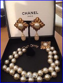 CHANEL Double Faux Pearl Strand Gold Choker Collar Necklace Teardrop Earrings
