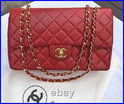 CHANEL Double Flap Chain Shoulder Bag Red Lambskin Leather Quilted Vintage