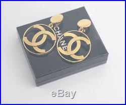 CHANEL Jumbo CC Logos Dangle Earrings Gold Tone Clips withBOX