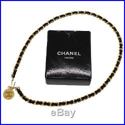 CHANEL Medallion Gold Chain Belt Black Leather Vintage 1982 France Auth #AB437 I