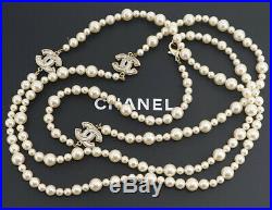 CHANEL Pearl Chain Necklace 61 Silver tone CC Logos withBOX