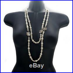 CHANEL Pearl Chain Necklace 61 Silver tone CC Logos withBOX