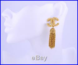 CHANEL Tassel Fringe Dangle Earrings Gold Clips 93A withBOX Vintage