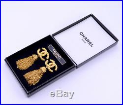 CHANEL Tassel Fringe Dangle Earrings Gold Clips 93A withBOX Vintage
