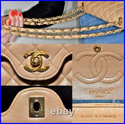 CHANEL Vintage 10 Beige Quilted Lambskin Leather Double Flap Shoulder Bag Auth