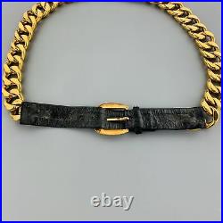CHANEL Vintage 1990's Gold Tone Chunky Curb Chain & Black Leather Belt