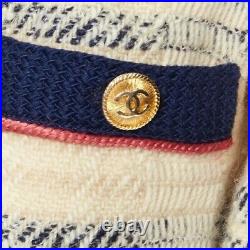 CHANEL vintage ecru navy blue pink 4 pockets cardigan jacket 13 gold buttons