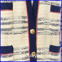 CHANEL vintage ecru navy blue pink 4 pockets cardigan jacket 13 gold buttons