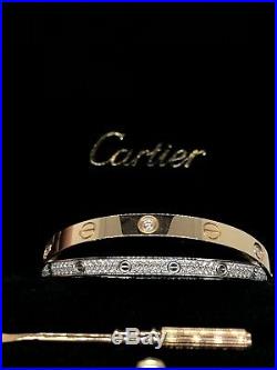 Cartier Cross Love Bracelet Size 17 18k Rose Gold and White Gold pave Diamonds