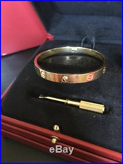 Cartier LOVE Bangle Bracelet 18k Yellow Gold Box Key Travel pouch Box Sz 19