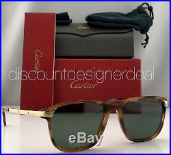 Cartier Square Sunglasses CT0075S 002 Havana Frame Gold Green Polarized Lens 56