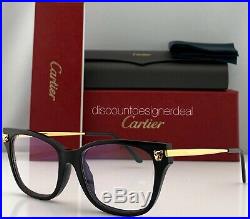 Cartier Womens Cateye Eyeglasses Black Frame Gold Temples Clear CT00270 004 52