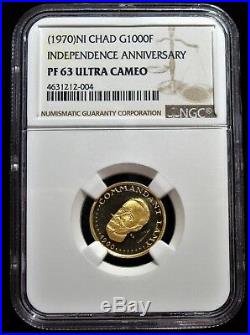 Chad Independence Anniversary gold 1000 Francs 1970-NI PR63 Ultra Cameo NGC