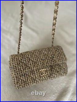 Chanel 21A Gold Beige Tweed Mini Classic Flap Bag New With Tags Never Worn
