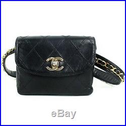 Chanel Belt Bag Black Leather 75 Gold Chain CC Logo Turnlock Waist Fanny Pack
