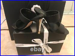 Chanel Black Leather Shoes with Pearls & Gold strip on each Heel New with Box