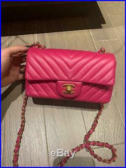 Chanel Chevron Mini Classic Flap Bag Lambskin Gold, Cc, Fuchsia, Pink, 100% Auth