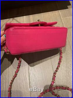 Chanel Chevron Mini Classic Flap Bag Lambskin Gold, Cc, Fuchsia, Pink, 100% Auth