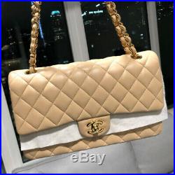 Chanel Classic Double Flap Medium Bag Quilted Beige Lambskin Leather Gold CC