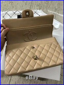 Chanel Classic Double Flap Medium Bag Quilted Beige Lambskin Leather Gold CC