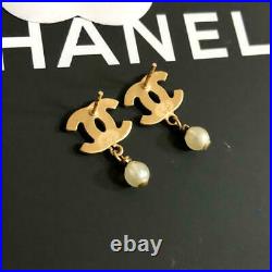 Chanel Earrings CC Logo Gold drop Pearl silver rhinestone 03A 652