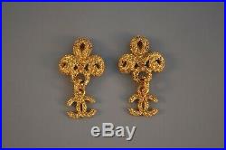 Chanel Earrings Vtg 1993 Double C Logo Gold Costume Byzantine Long 2 5/8