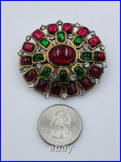 Chanel France Vintage Authentic Gold Plated Red & Green Glass Gripoix Pin