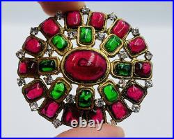Chanel France Vintage Authentic Gold Plated Red & Green Glass Gripoix Pin