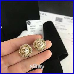 Chanel Gold Tone Button Pearl Studs Earrings