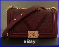 Chanel Medium Boy Bag Chevron Quilted Bordeaux with Gold Chain