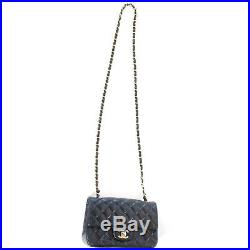 Chanel Mini Wide Navy Blue Lambskin Leather Crossbody Flap Bag Gold CC Shoulder