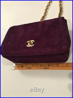 Chanel Rare Vintage Purple Suede Classic Square Mini Flap Bag Gold Chain