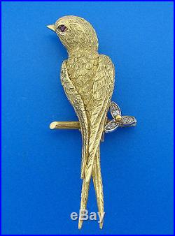 Chic 1930s DIAMOND RUBY YELLOW GOLD SWALLOW PIN BROOCH by REGNER PARIS FRANCE