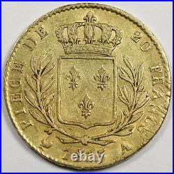 FRANCE 1815 A Louis XVIII Uniform 20 FRANCS 6.45 Gram GOLD Coin XF+ KM#706.1