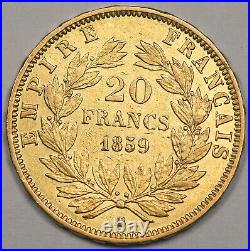 FRANCE 1859 BB Napoléon III 20 FRANCS 6.45 Gram GOLD Coin XF 0.1867 AGW KM 781.2