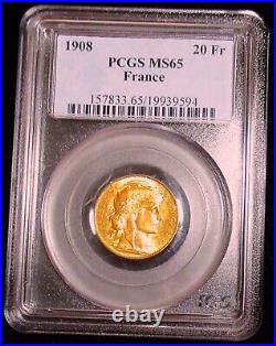 FRANCE 1908 gold 20 Francs Paris mint. PCGS MS 65