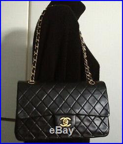 FULL SET CHANEL Black Lambskin Leather CC 24K Gold Chain Medium Double Flap Bag