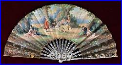 Fan. Mother Of Pearl, Carved, And Gilded. Painted Paper. France. Circa 1800