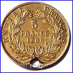 Fine. 900 1866 France Napoleon III Solid Gold 5 Francs Holed coin Fineness. 900