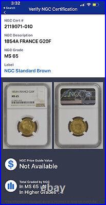 France 1854 Gold 20 Francs NGC MS65 Napoleon III