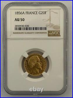 France 1856A 20 Francs Gold KM# 781.1 / F. 531/9 NGC Certified AU 50