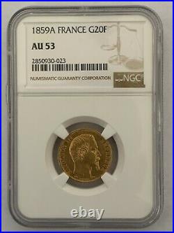 France 1859A 20 Francs Gold KM# 781.1 / F. 531/15 NGC Certified AU 53
