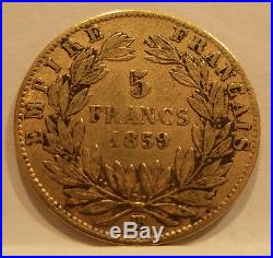 France 1859 BB Gold 5 Francs XF AU Napoleon III