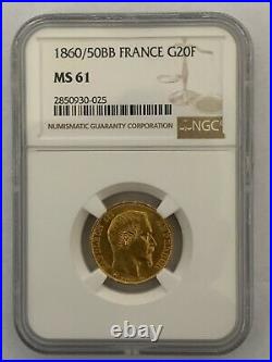 France 1860/50BB Overdate 20 Francs Gold KM# 781.1/F. 531/19 NGC Certified MS 61
