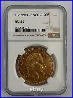 France 1862BB 100 Francs Gold KM# 802.2 / F. 551/2 NGC Certified AU 55
