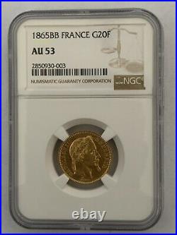 France 1865BB 20 Francs Gold KM# 801.2 / F. 532/12 NGC Certified AU 53