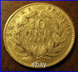 France 1865 BB Gold 10 Francs XF Napoleon III