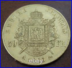France 1866A Gold 50 Francs AU Napoleon III Laureate Head