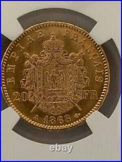 France 1868A 20 Francs Gold KM# 801.1 / F. 532/18 NGC Certified MS 61